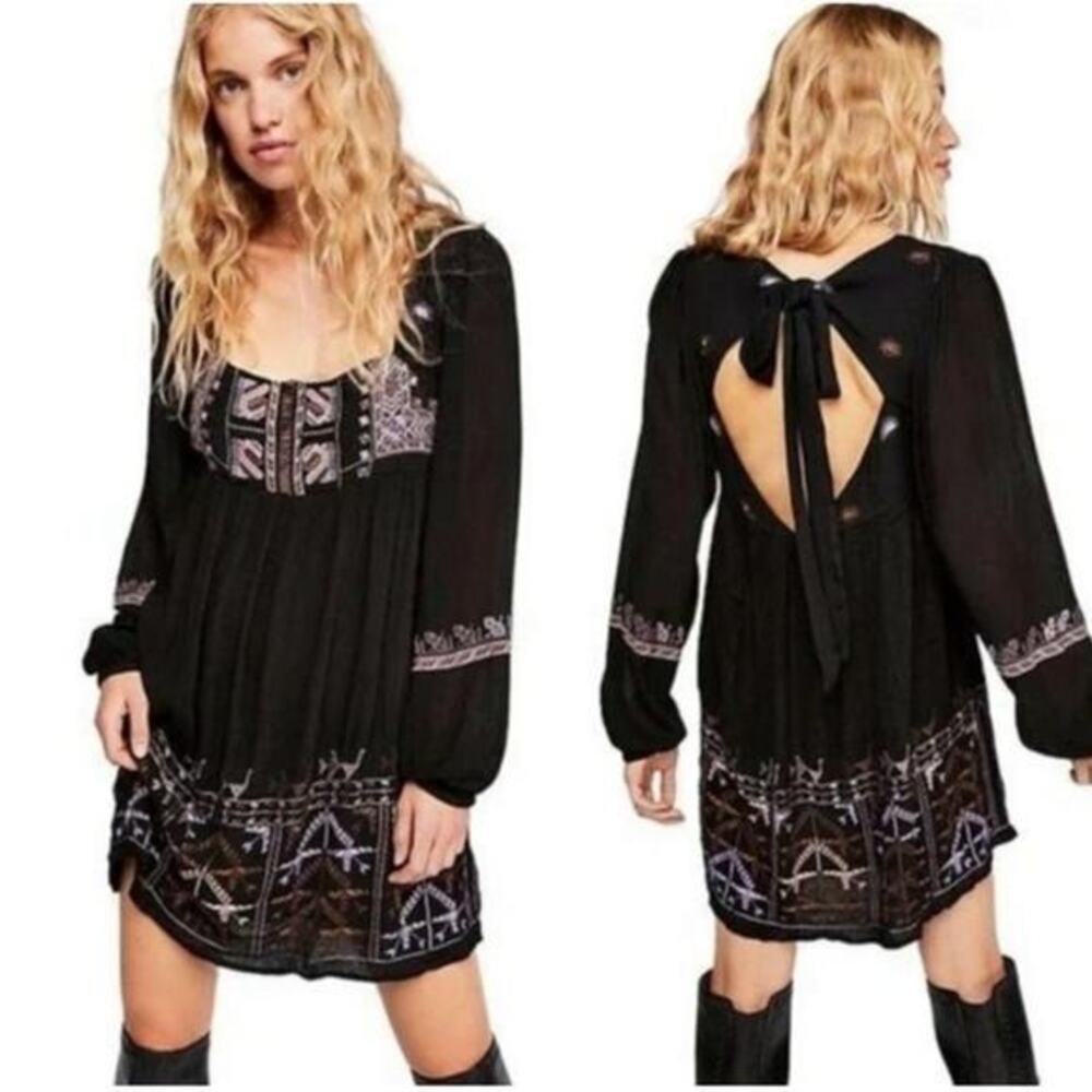 Free People Rhiannon Embroidered Mini Boho‎ Dress Black Open Back M